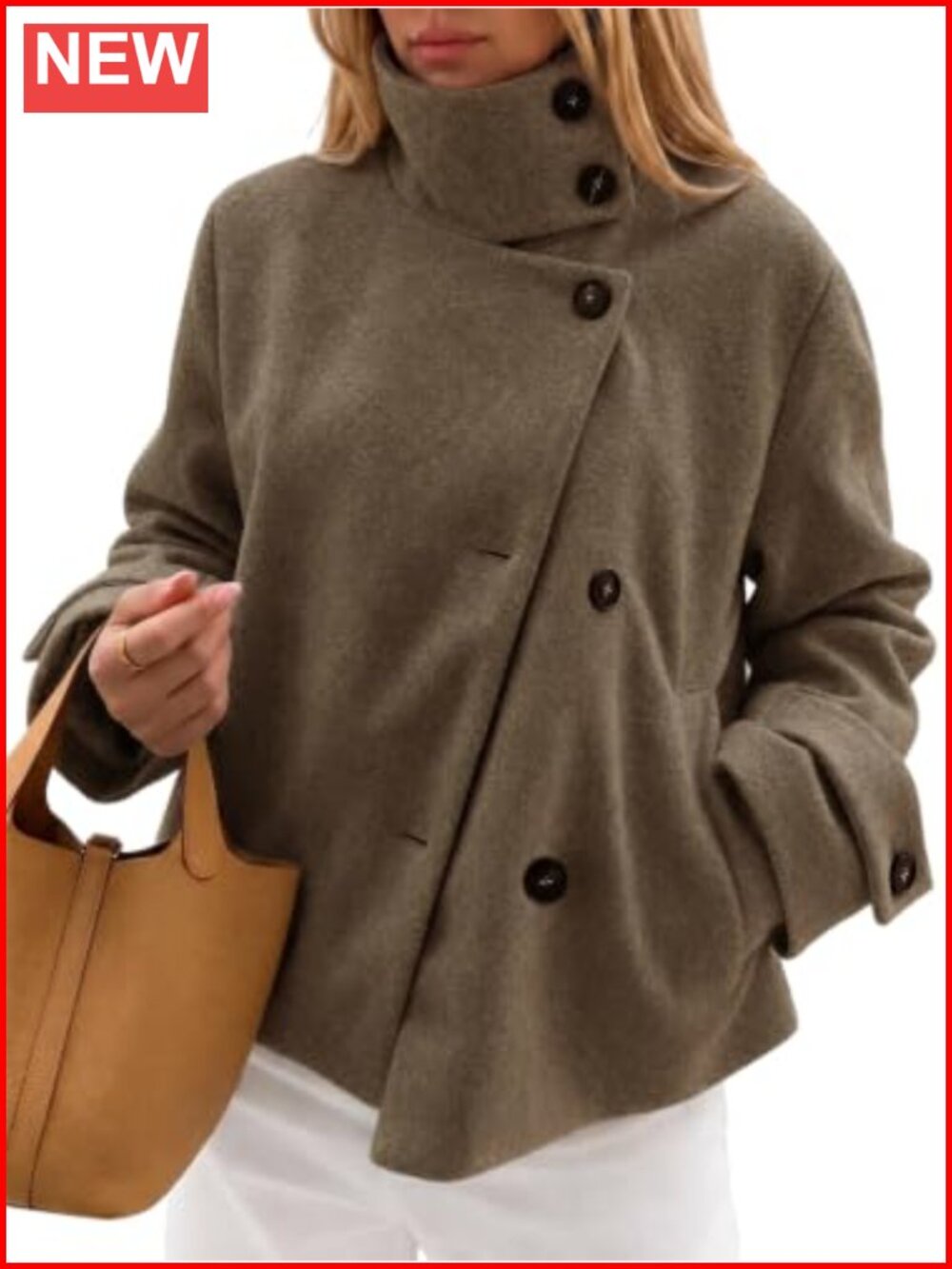 Wool Blend High Neck Single Breasted Short Pea Coat